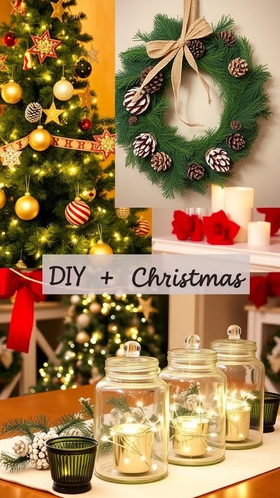 A collection of DIY Christmas decorations including handmade ornaments, a pinecone wreath, and jar lanterns in a festive setting.